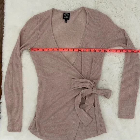 Balletcore Wrap Side Tie Long Sleeve Top | Bobeau Dusty Rose Pink Ribbed Sweater - Picture 11 of 16